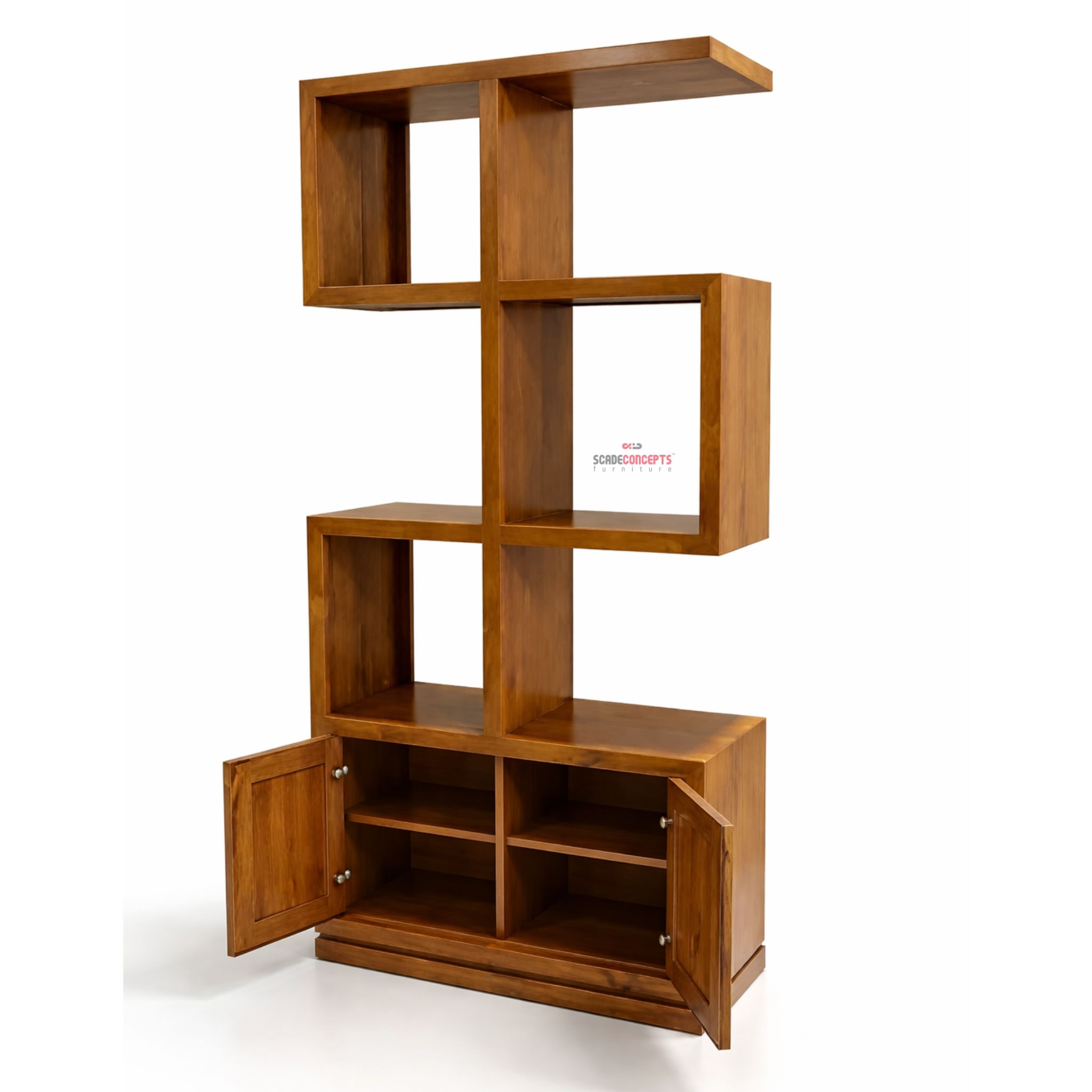 Sole teak wood bookshelf open doors