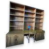 solid wood huge bookshelf with a chair, decor plant and white background