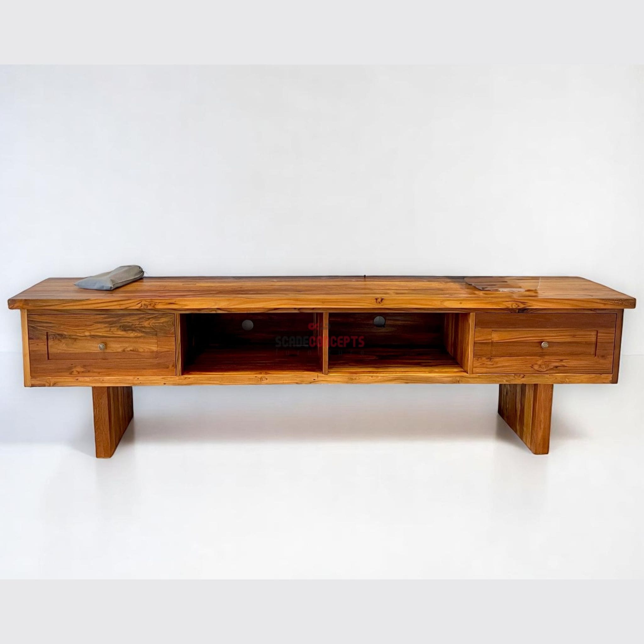 Teak TV Console Old grey background