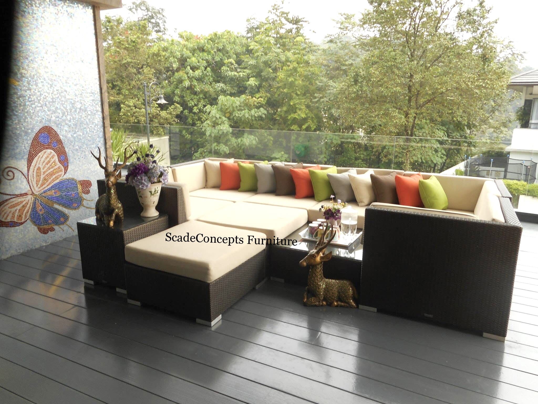 Commercial Projects black wicker sofa set white cushions balcony