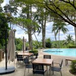Commercial Projects stainless steel teak table with batyline chairs poolside 2  150x150