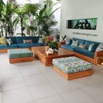 Commercial Projects teak sofa set and teak coffee table blue cushions  150x150
