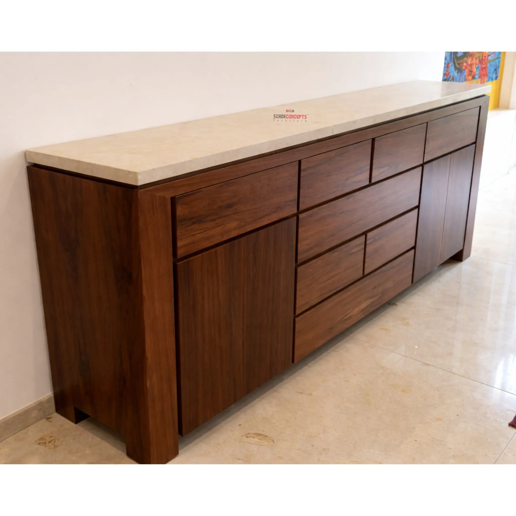 sintered stone teak wood sideboard side view