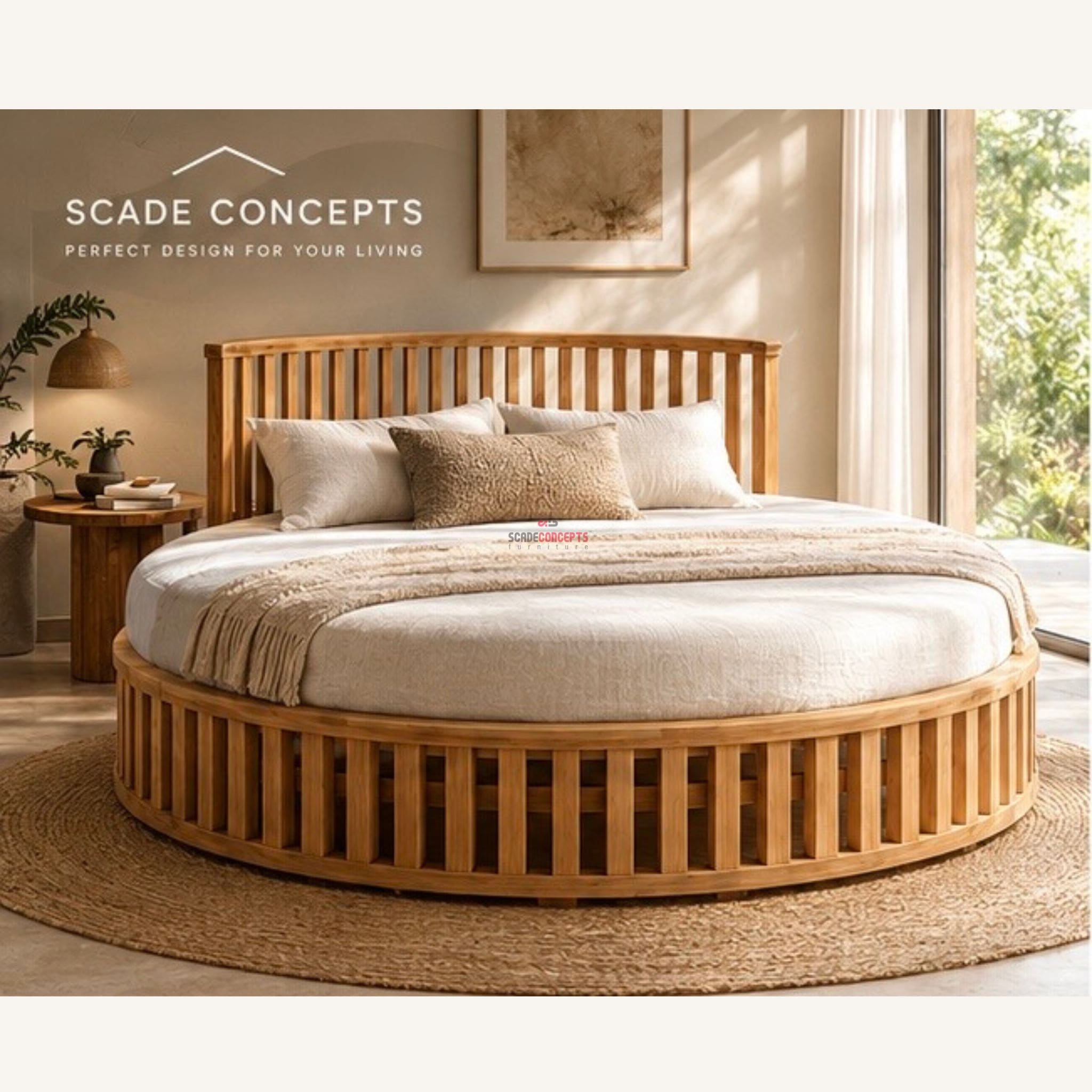 The orbis round teakwood bed frame front inspo